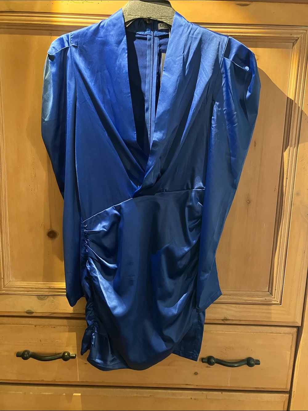 Plunge Neckline Mini Cocktail/Wedding Guest Dress with Draped Wrap Front, S